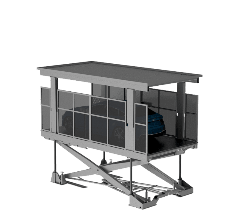 3D rendering of the Car Lift With Driver On Board system - elevated platform with metal structure, roof, windows, blue car inside